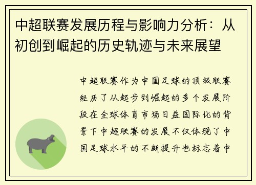中超联赛发展历程与影响力分析：从初创到崛起的历史轨迹与未来展望