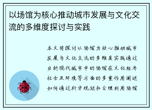 以场馆为核心推动城市发展与文化交流的多维度探讨与实践