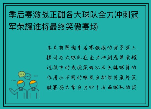 季后赛激战正酣各大球队全力冲刺冠军荣耀谁将最终笑傲赛场