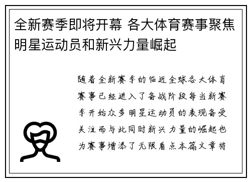 全新赛季即将开幕 各大体育赛事聚焦明星运动员和新兴力量崛起