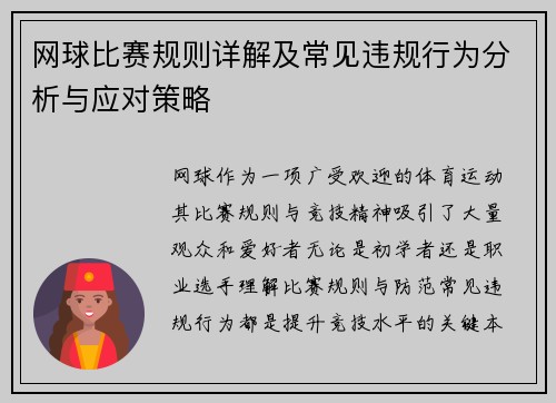 网球比赛规则详解及常见违规行为分析与应对策略