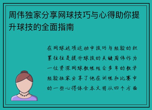 周伟独家分享网球技巧与心得助你提升球技的全面指南